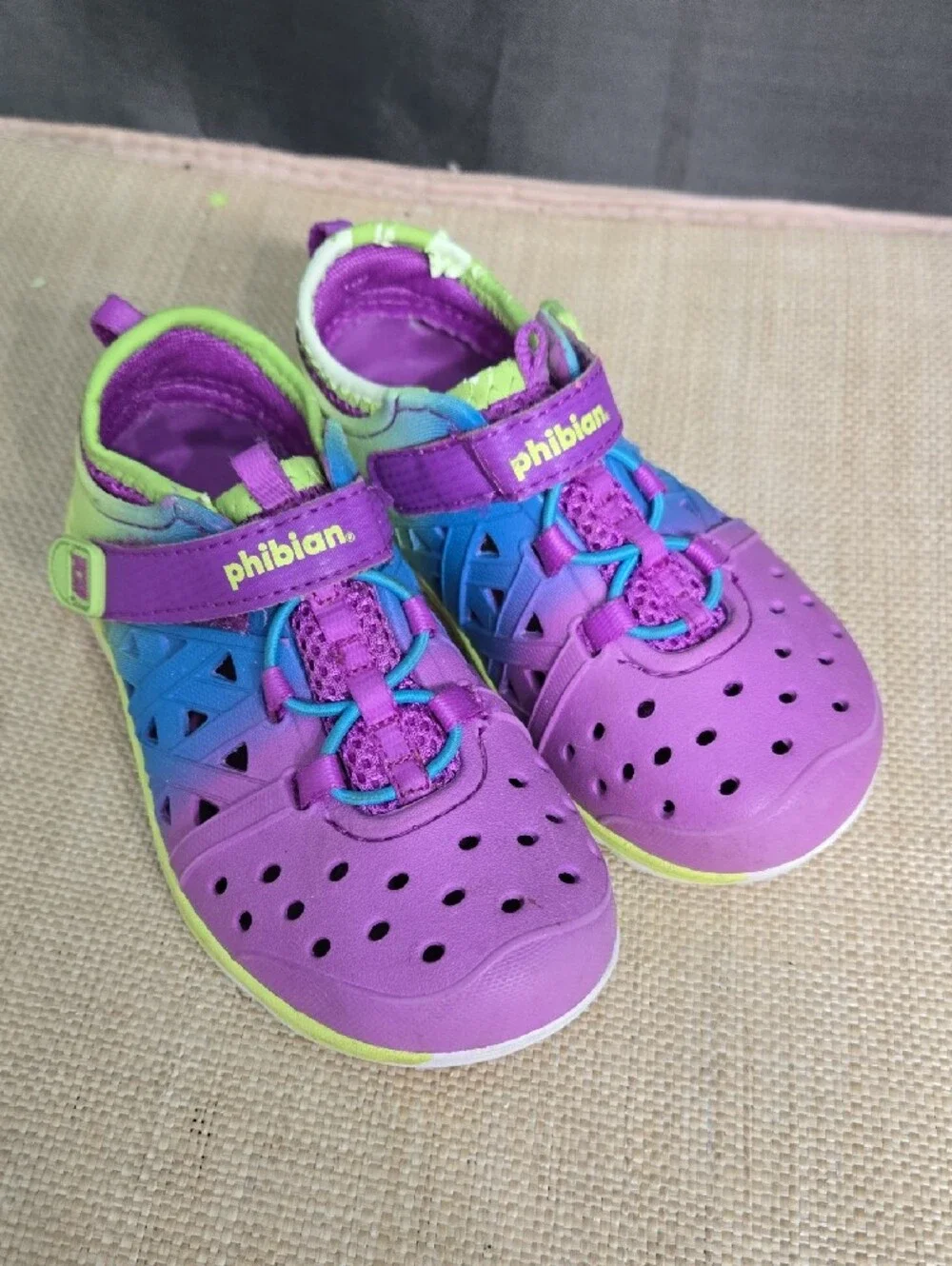Kids Purple & Lime Water Shoes with Blue Accents